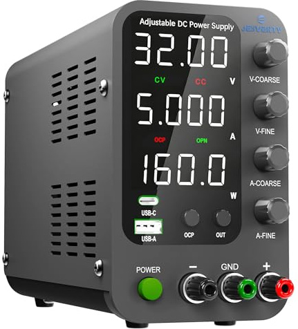 Fuente de alimentación CC Variable, 0-30V 0-5A Fuente de alimentación de Banco regulada CC con Carga rápida USB y Tipo C, Perilla codificadora,Interruptor de Encendido/Apagado de Salida Jesverty