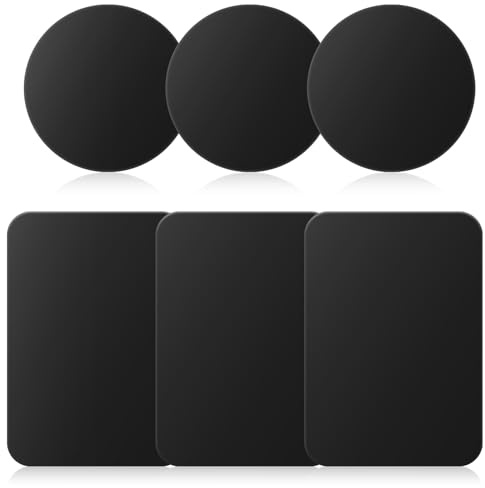 ABOHU Metallplattor för mobilt magnetiskt fäste, 6-pack tunn metallplatta för magnetisk biltelefonhållare, universell ersättningsplatta metallskiva med starkt lim, 3 rektangel och 3 runda, svart