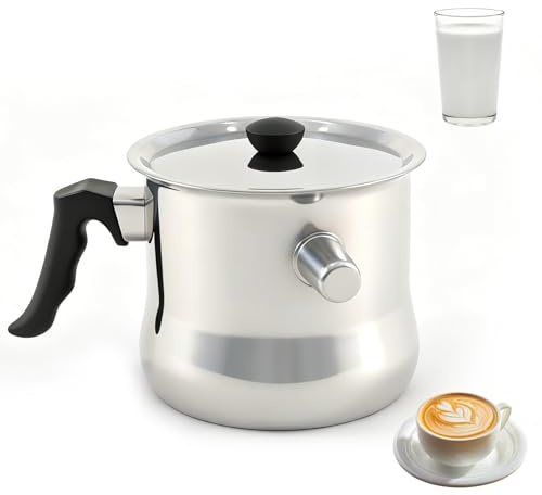 Milchtopf Induktion mit Deckel, 1.5L Milchtopf Doppelwandig | Simmertopf Induktion, Puddingtopf mit Deckel und Rutschfester Kunststoffgriff für Gas, Elektro, Induktion
