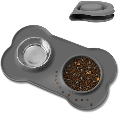 AUYAO Dubbel hundskål silikon katt vatten matskål rostfritt stål husdjursskål långsam matare hundskål halkfri valp kattskålar avtagbar kattskål för kattungar valpar kaniner och små djur (grå)