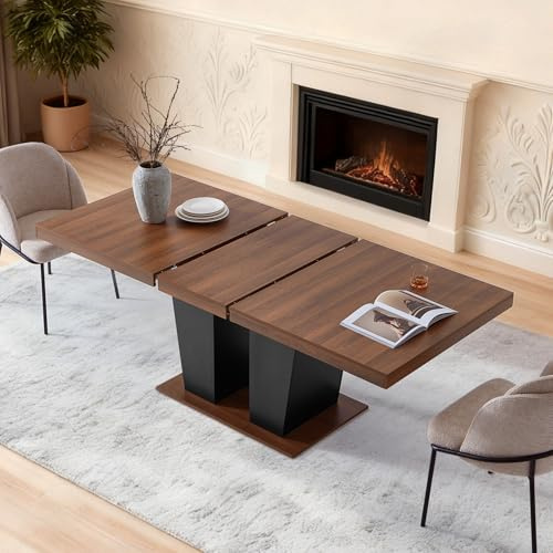 Senfarime Dining Table Extendable 63 in-79 in for 4-8 Expandable Wood Rectangle with Fluted Base for Dining Room Kitchen Living Room Furniture Brown