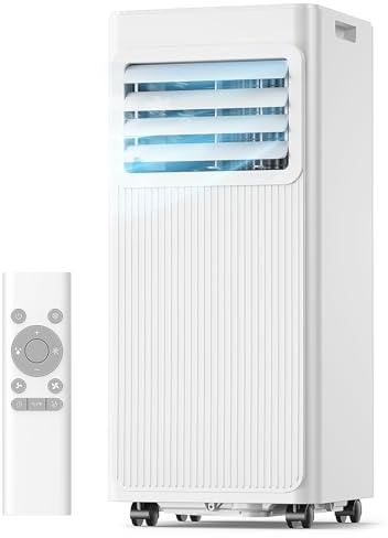 Aire Acondicionado Portátil 7000 BTU, Climatizador 4 en 1 (Frío, Ventilador, Deshumidificador 19L/D, Noche), Bajo Consumo, Silencioso, Temporizador 24H, Mando, Kit de Ventana Incluido, Blanco