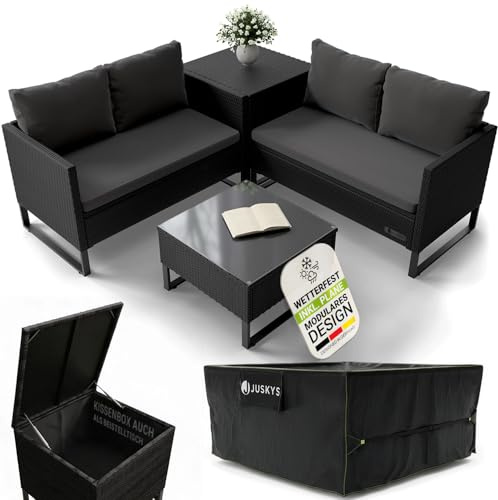 Juskys® Outdoor Polyrattan Lounge Santorini inkl. Abdeckung - Gartenlounge mit Beistelltisch & Auflagenbox - Gartenmöbel Set Rattan Sitzecke wetterfest - Schwarz