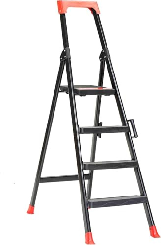 Escalera de Tijera Plegable, Escalera de Aluminio, Multiusos, Antideslizante, Ligera y Resistente, Escalera Doméstica, Fácil Transporte (4p Negra y Roja)