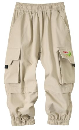 Volunboy Toddler Boys Cargo Pants with Dino Embroidery - Quick-Dry Pull On Elastic Waist Joggers for Ages 2-6
