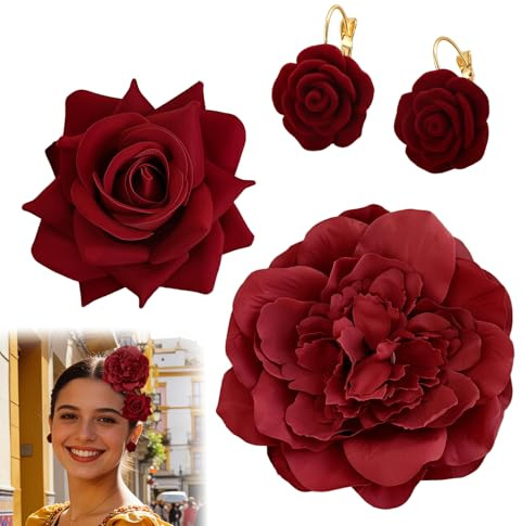 UZYXC 2 Horquillas de Flores + 1 Par de Pendientes de Rosa - Pinzas Florales para Mujer - Ideal para Boda, Fiesta, Festivales