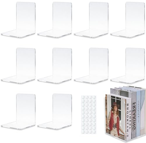 OAKENCREST 10 Stück Transparent Buchstützen aus Acryl Buchhalter Regal | mit Anti-Rutsch-Pads, Bücherhalter im Stilvollen, Bookends für Büros, Schlafzimmer, zum Ausstellen von Fotos und Büchern