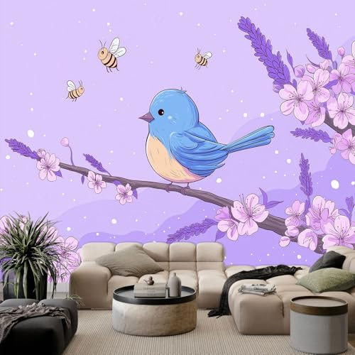 Carta da parati con uccelli, api, rami, fiori, animali dei cartoni animati, carta da parati decorativa per soggiorno, camera da letto, 350 x 256 cm, effetto 3D