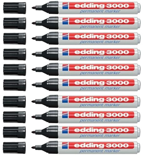 edding 3000 Permanentmarker - schwarz - 10 Stifte - Rund-Spitze 1,5-3 mm - schnell trocknender Permanent Marker - wasserfest, wischfest - für Karton, Kunststoff, Holz, Metall - Universalmarker