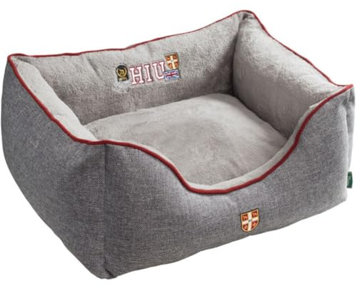 HUNTER Hundesofa UNIVERSITY, gemütliches Hundebett im College-Look, weiches Kuschelsofa mit Wendekissen, erhöhter Rand, Bezug waschbar, Farbe: grau, Größe: S