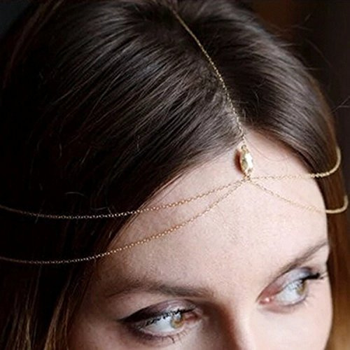 Yean Cadena de cabeza dorada con colgante de diamantes de imitación, accesorio para el cabello para mujeres y niñas, talla única, Diamante falso Metal Plástico