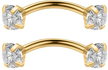 Ruifan 2PCS 16G 6mm 1/4Inch Stainless Steel 3mm Cubic Zirconia Gem Internally Thread Curved Barbell Eyebrow Tragus Lip Ring Piercing Jewelry - Gold