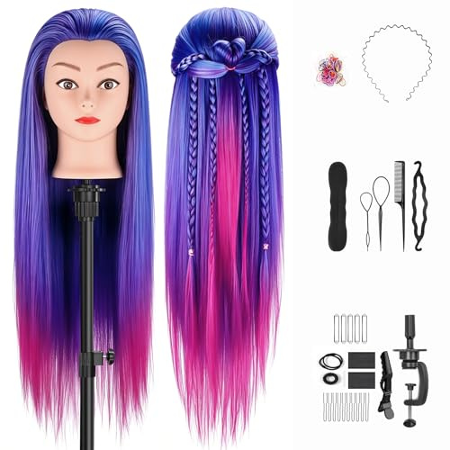 TwoWin 71cm Tête à Coiffer 100% Cheveux Synthétiques | 28 pouces Tête Mannequin Coiffure, Tete a Coiffer Professionnelle avec Pince de Table + Ensemble de Tresses (Bleu et Violet)