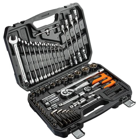 NEO TOOLS Werkzeugkoffer gefüllt 77-tlg, Steckschlüssel-Satz 1/4 und 1/2