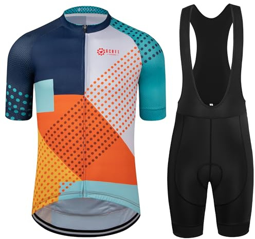 GCRFL Men's Cycling Jersey Set Road Bike Shorts Sleeves Jersey Zipper Pokcet Bib Shorts with Padded, Cycling Clothing kit Men (Navy, L)