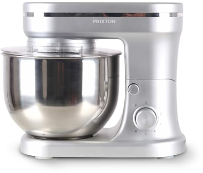 PRIXTON Batidora Amasadora KR200 para Repostería - Potencia 1200W - 6 Velocidades - Bol Acero Inoxidable de 5 litros - 3 accesorios - Tapa Transparente (Gris)