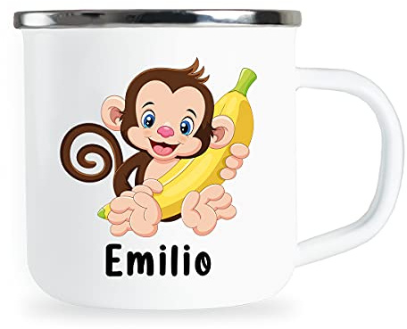 Personalisierte Kindertasse mit Name und lustigem Affen Motiv Emaille Tasse individuelle Geschenke Geschenkidee für Kinder Kind Geburtstag Metallbecher Emailletasse
