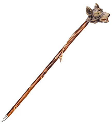 Jagd-Schnitzerei Peter® Wanderstock Holz, Heulender Wolf, Stock mit handgeschnitztem Wolfskopf „Gravur BIS ZU 15 Zeichen IM Preis ENTHALTEN“