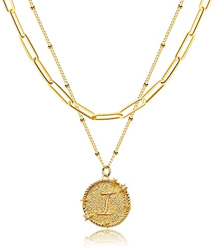 Mevecco Collares con inicial en capas de oro para mujer, chapado en oro de 18 quilates, collar con colgante de moneda, collar con dije de disco, collar personalizado con clip de papel, joyería