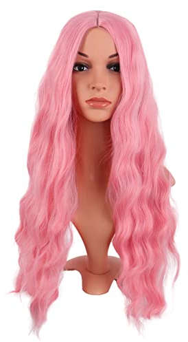 MapofBeauty 28 Inch/70 cm Long Wavy Middle Part with No Bangs Synthetic Fiber Curly Fashion Women Party Cosplay Wig (Light Pink)