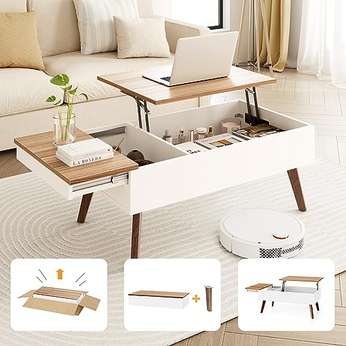 Bidiso Mesa auxiliar elevable, centro de mesa de instalación de diez minutos con compartimentos de almacenamiento ocultos, mesa elevadora para sala de estar, nogal