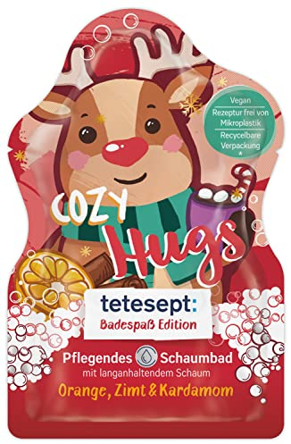 tetesept Badespaß Edition Schaumbad Cozy Hugs mit winterlichem Duft – Langanhaltender Badeschaum für ein kuschelig-weiches Badeerlebnis – Pflegender Badezusatz – 15 x 40 ml