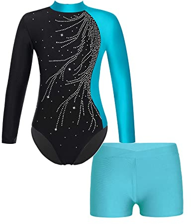 Freebily Flicka Konstnärlig Träningsdräkt med Shorts Klassisk Dans Bodysuit Strass Balett Leotards Bodysuit Sport Träning Dans Yoga Träning Jumpsuit, Blå, 9-10 år