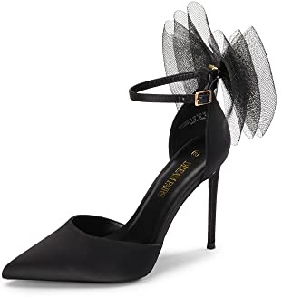 DREAM PAIRS D'Orsay Chaussures à talons hauts à lanières et bout pointu pour femme avec nœud en maille et sangle de cheville, noir, 43 EU