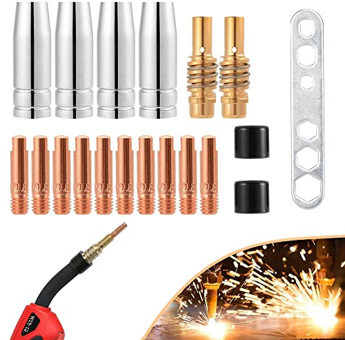 15AK MIG Schweißbrenner Verbrauchsmaterial Verschleissteile Set 15 AK Passend MB15 Drahtdurchmesser 0,8 mm 19 Teile 4 x Gasdüse Konisch 2 x Düsenstock 2 x Isolator 10 x Stromdüse M6 0,8mm 1 x Werkzeug