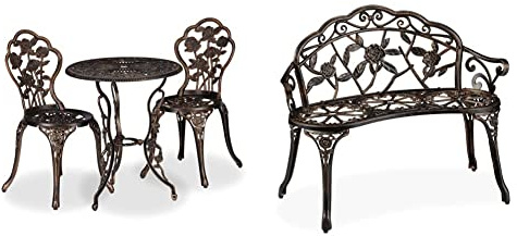 Relaxdays Gartenmöbel Set 3-teilig &, Bronze Gartenbank, 2 Sitzer, Rosen, Terrasse, Balkon, Alu & Gusseisen, antike Sitzbank, HBT: 78 x 99 x 52 cm, Gußeisen, schwarz