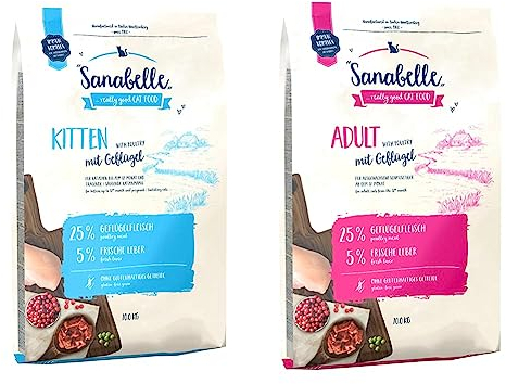Sanabelle Kitten | Katzentrockenfutter für heranwachsende & tragende/säugende Katzen | 1 x 10 kg & Adult mit Geflügel | Katzentrockenfutter für ausgewachsene Katzen (ab dem 12. Monat) | 1 x 10 kg