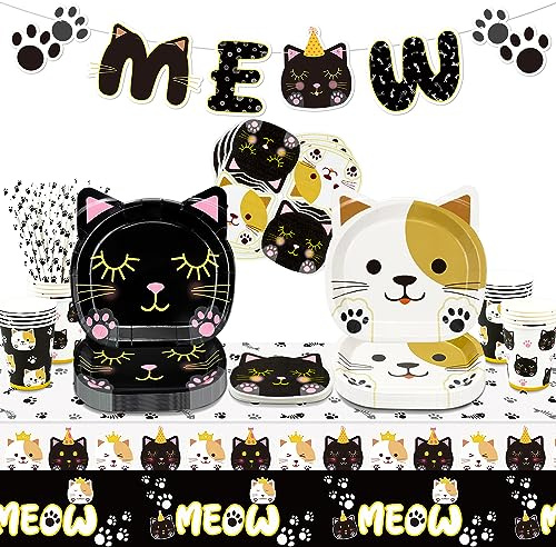 107 Pcs Cat Birthday Party Decorations - Including Cat Plates, Napkins, Cups, Tablecloth, MEOW Banner, and Paper Straws for Pet Cat Themed Birthday Party Supplies, Serve 20 Guests