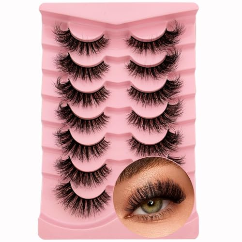 7 Paare 3D Falsche Wimpern Katzenauge, Flauschiges Volumen Curly Cat-Eye Künstliche Wimpern Natürlich Look, Wiederverwendbar Handgemacht Faux Mink Make-up-Wimpern(7P-HR-Z12)