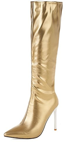 Lroey Reoly Kniehohe Damenstiefel mit Stiletto-Absatz, Partystiefel Pointed Toe Höhe Ferse Overknees Stiefel Ohne Verschluss, Gr 34-47