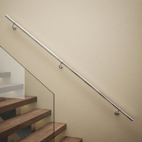 Rothley Polished Stair Hand Rail Kit 2.4M - Internal Staircase Steel Banniser, KMP2400 | Includes wall brackets, connector, end caps, and Fischer wall plugs for simple, drill-free tube assembly.
