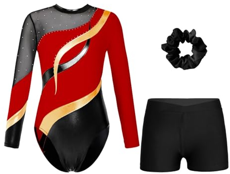 Oyolan Mädchen Kinder Gymnastikanzug Turnanzug Glitzernde Gymnastikbody Langarm Turntrikot mit Kurze Hose Tanzkostüm Rot schwarz B 134-140