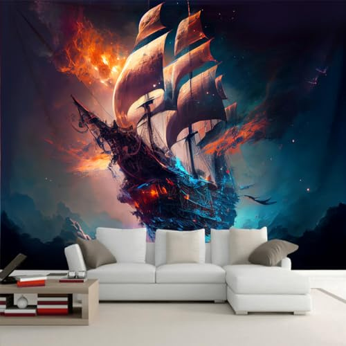 Arsey Geist Piratenschiff Wandteppich, 230x180cm | Meer Landschaft, Ozean Segelboot, Psychedelic Aesthetic Deko, Schlafzimmer Wohnzimmer Partydekoration