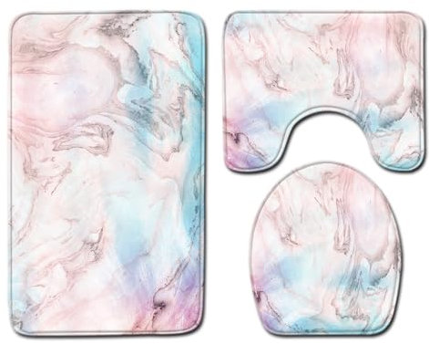 Bad Teppiche Set 3-Teiliges Rosa Blauer Marmor WC Vorleger Mit Ausschnitt Badematte Saugfähig WC Deckelbezug Badvorleger rutschfest Waschbar Toilettensitzbezug Badgarnitur (45x75cm)