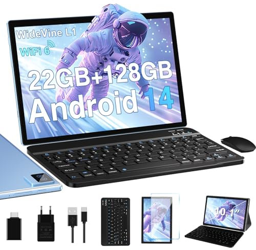 Biegedy Tablet 10 Pollici Tablets Android Octa-Core 2.0 GHz, 22GB RAM+128GB ROM (1TB TF) 5G/2.4G WiFi 6, Widevine L1/GMS/Involucro in metallo/BT5.0/8000mAh/5+8MP, Tablet con Tastiera e Mouse - Blu