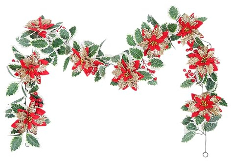 Guirnalda Navideña de 200 Cm con Hojas de Acebo, Guirnalda Navideña de Imitación Verde, Bayas Rojas Nevadas de Invierno, Enredadera Colgante para Navidad, Boda, Fiesta,
