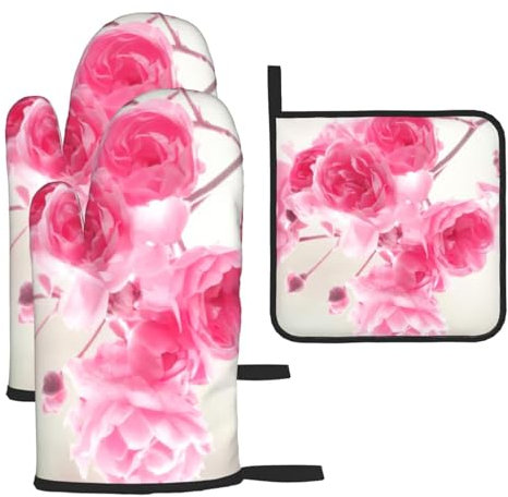 Set di 3 guanti da forno e presine con fiori rosa, resistenti al calore, regalo per cucinare