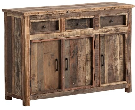 Woodkings Sideboard Sumatra | Kommode Altholz rustikal 123x89x40 cm | Recycelter Holzschrank für Wohnzimmer Esszimmer Flur | Rustikaler Schrank mit Türen und Schubladen | Unikat