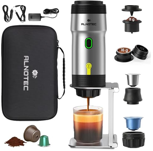 ALNOTEC Machine à Café Portable Expresso 20 Bars Rechargeable, Auto chauffante - Compatible Capsules NES®, DG® et Café Moulu, 2 Adaptateurs Café Moulu 8g/16g, USB, Voiture et 220V, Housse+Support