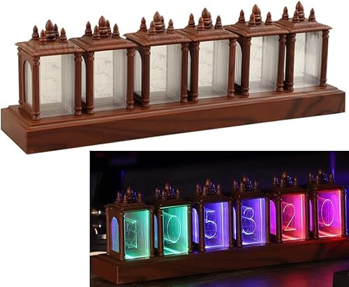 Nixie Tube Clock Walnut Digital Clock, 12/24h Alarm & Display, Adjustable Brightness and Color Night Light RGB Lighting Desk Assembly for Friend, Christmas, Birthday