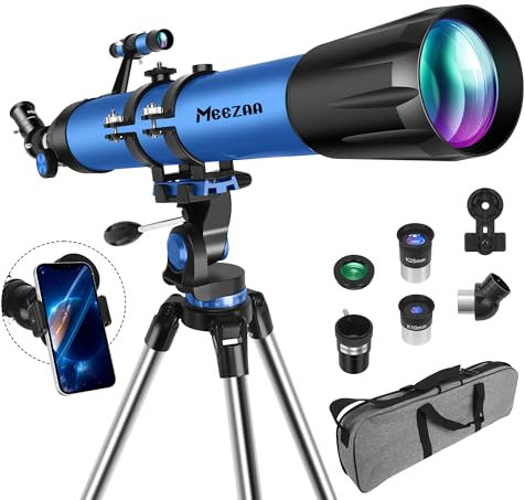 MEEZAA Teleskop, Teleskop Astronomie Profi für Erwachsene, 90mm Blende 800mm AZ Mount Astronomisches Refraktor Teleskope für Kinder Anfänger mit Stativ, Telefon Adapter, Tragetasche und Mondfilter