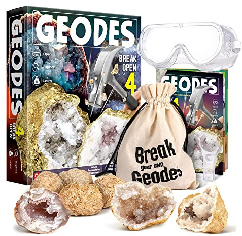Byncceh Geoden zum Aufbrechen – 4 aufbrechbare Geoden mit Schutzbrille, Lernhandbuch, Lupe & Aufbewahrungstasche – Wissenschaftsset für Kinder