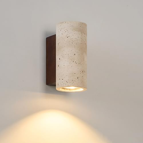 Applique in marmo Wabi-Sabi Style Lampada da parete in pietra naturale | Tonalità cilindrica in travertino giallo e base in legno color noce, applique per soggiorno, corridoio, scale, corridoio