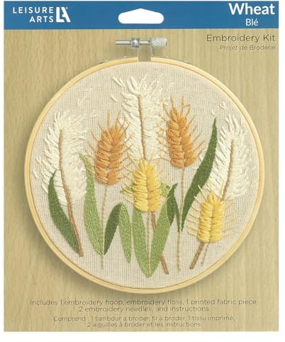 LEISURE ARTS Embroidery Kit 6 Inch Wheat - Beginner Hand Stitching Kit with Hoop, Needle, Thread, Printed Fabric, and Instructions for Adults and DIY Crafters