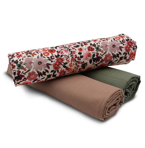 VmG-Store Baumwollstoff Set 1,5 m – 3 farblich abgestimmte Stoffe aus 100% Baumwolle – Designstoff + 2x Uni – Nähstoff für Patchwork, Dekoration, Kleidung & Bastelarbeiten (Blumen Rötlich Set19)