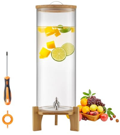 VEVOR Distributeur de Boissons Grande Capacité de 13 L, Fontaine à Eau en Verre, Distribution d’Eau Jus Limonade Thé Glacé, avec Support en Bois et Robinet en Inox, pour Restaurant Café Hôtel Fête